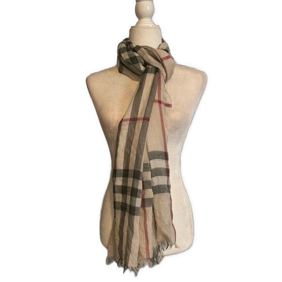 Burberry Authentic Plaid Silk Wool Ivory Black Red Scarf - Picture 1 of 6